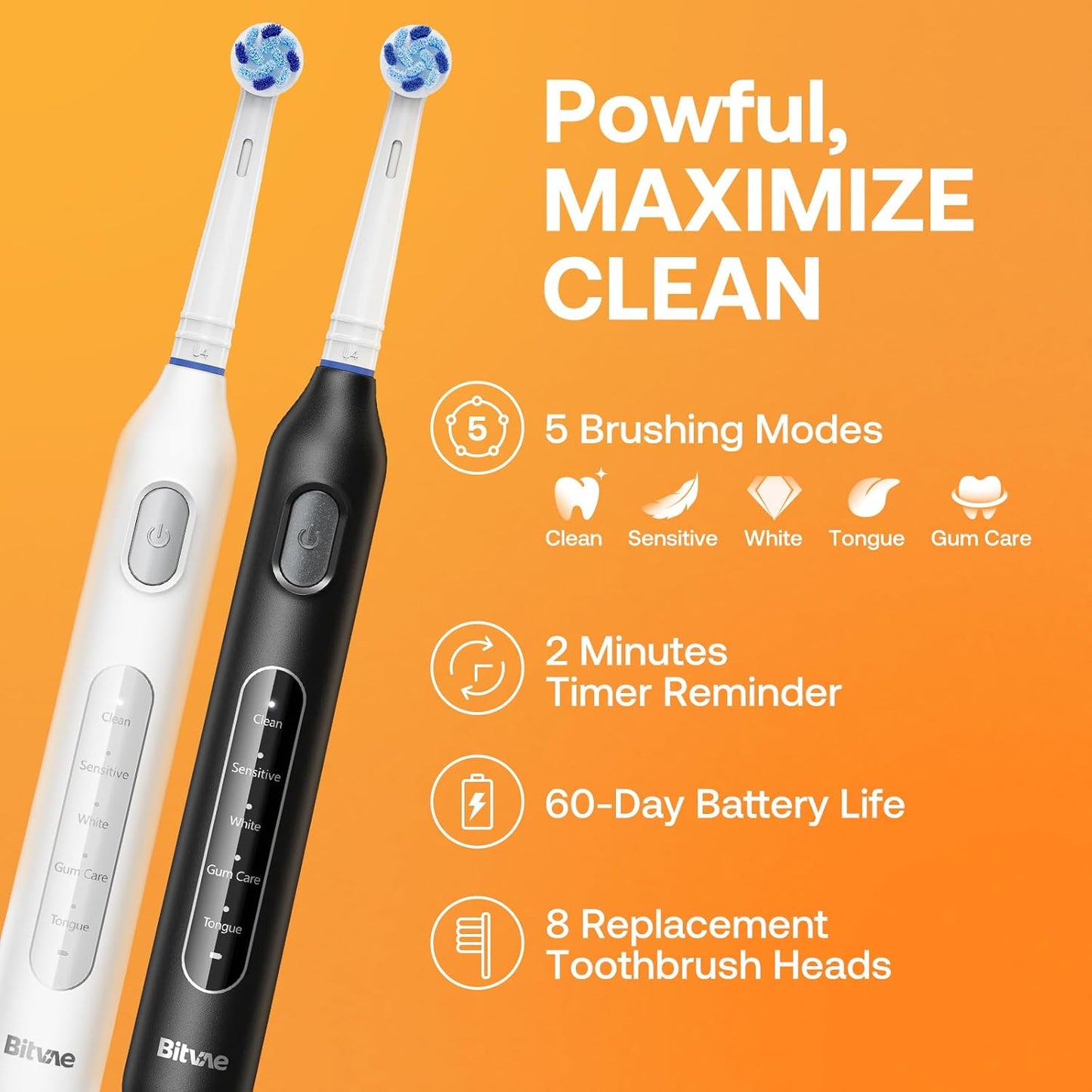 Bitvae Rotating Electric Toothbrush 2 Packs for Adults and Kids, 8 Brush Heads 60-Day Battery Life, 5 Modes Power Toothbrush with 2-Minute Smart Timer, Black & White, R1