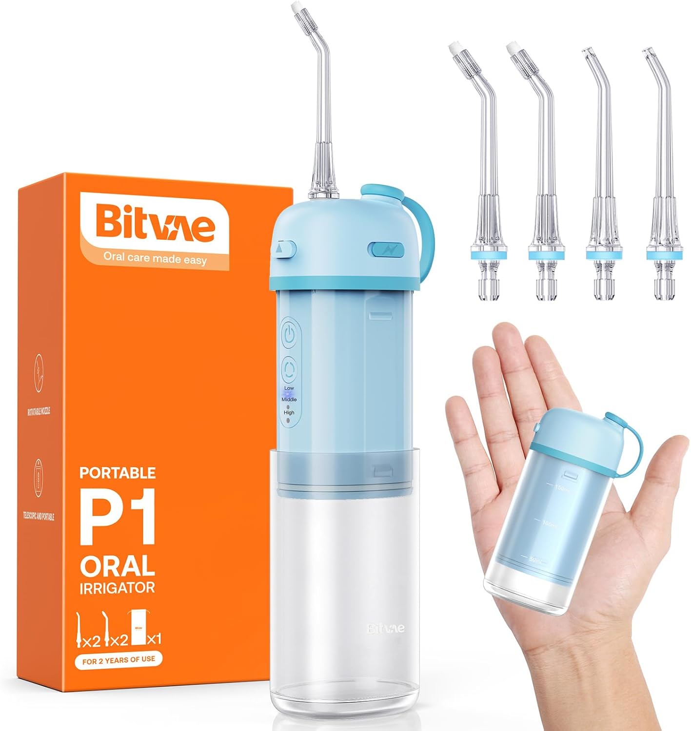 Bitvae P1 Water Dental Flosser, Travel Water Cleaner Picks, Cordless Mini Water Teeth Cleaners with Telescopic Water Tank, IPX7 Waterproof Oral Irrigator, Brace & Sensitive Teeth Care, Sky Blue