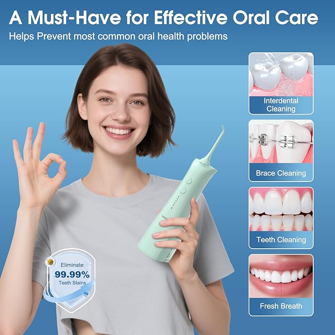 Leominor Water Dental Flosser - 5 Modes Cordless Portable Oral Irrigator, IPX7 Waterproof, Rechargeable Teeth Cleaner Upgrade Datchable Tank Professional Flossing Cleaning Pick for Home Travel(Green)