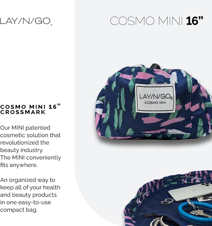 Lay-n-Go Cosmo Layflat Drawstring Cosmetic & Makeup Bag Organizer - Portable Drawstring Makeup Bag w/Zipper Pocket & More - Durable, Machine Washable Toiletry Bag for Travel (16", Crossmark)