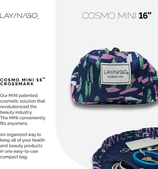 Lay-n-Go Cosmo Layflat Drawstring Cosmetic & Makeup Bag Organizer - Portable Drawstring Makeup Bag w/Zipper Pocket & More - Durable, Machine Washable Toiletry Bag for Travel (16", Crossmark)