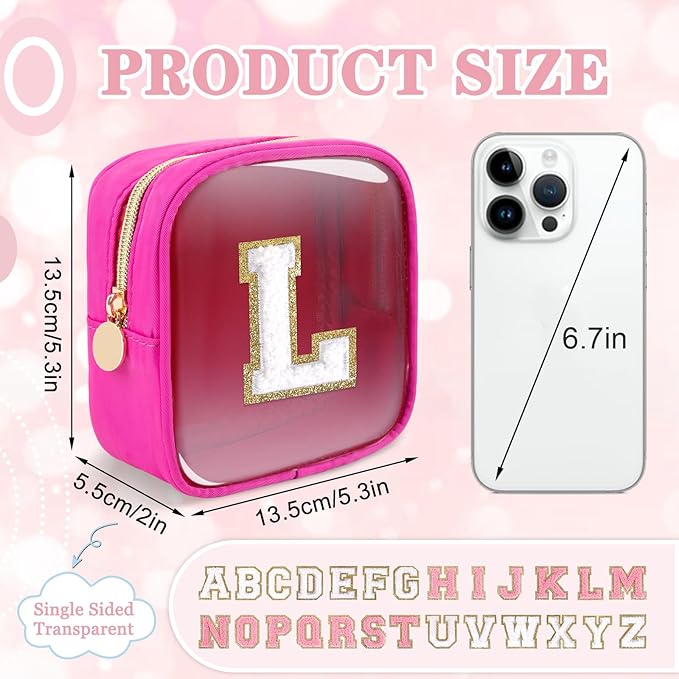 Mini Clear Personalized Initial Makeup Bag,Nylon Preppy A-Z Chenille Letter Patch Zipper Cosmetic Bag, Small Cute Beach Pouch Travel Purse Sanitary Napkin Storage Bag for Women Girls(Hot Pink-White L)