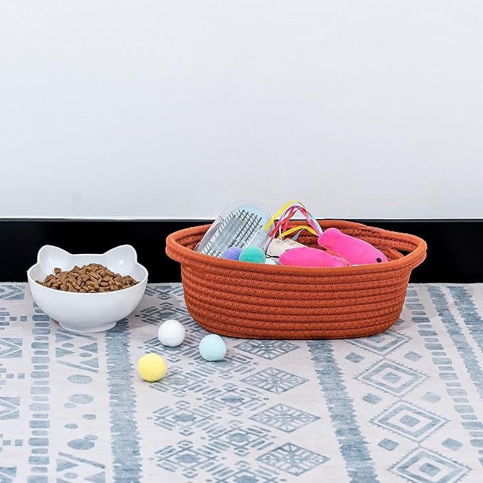 CubesLand Small Cotton Rope Storage Basket Set 5, Shelves Baskets for Organizing with Handle, Decorative Closet Storage Bins for Countertop Toilet Paper Basket for Toilet Tank Top,Rust Basket