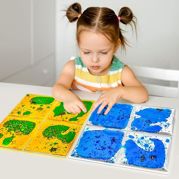 Liquid Sensory Soft Gel Tiles - 12" x 12" Square Multicolor Sensory Toys - Set of 9, Water Sensory Toys for Nurseries, Playrooms, Toddlers and Kids with Autism.