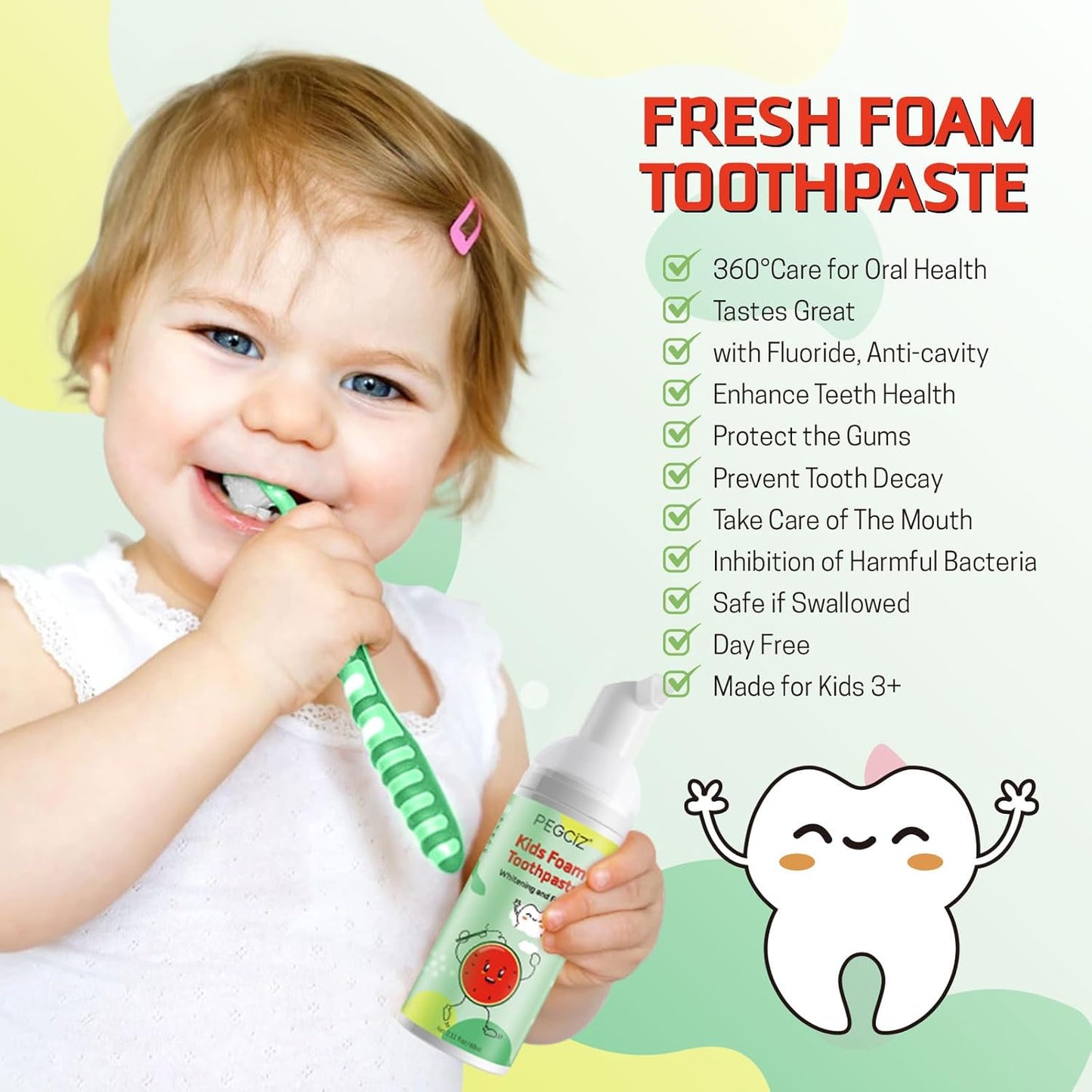 Foam Toothpaste Kids, Kids Mouthwash with Fruit Flavor - Toddler Toothpaste Age for Children, 360ºCare Natural Anti-Cavity Formulas with Fluoride for Electric & U-Shape Toothbrushes