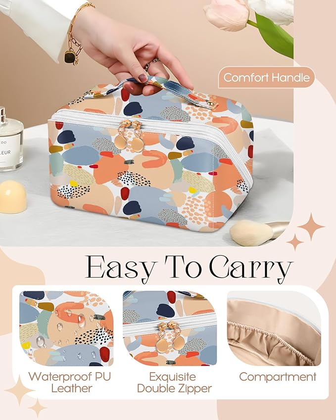 Bistup Makeup Bag Travel Cosmetic Bag Toiletry Make Up Bags Cute Women Large Capacity Big Medium Leather Abstract Aesthetic Portable Teen Girls Teenage Foldable Expandable Compact Open Flat Zip