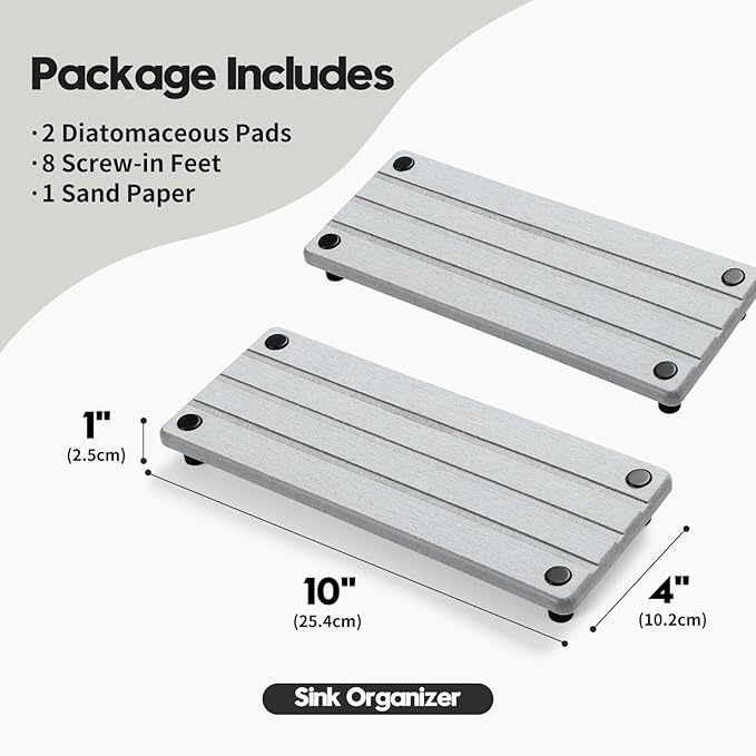 2 Pack Fast Drying Water Absorbing Diatomite Stone Mat Tray for Kitchen & Bathroom Counter - Instant Dry Sink Caddy Organizer - Vanity Holder for Soap, Sponge – Light Gray 10" x 4"