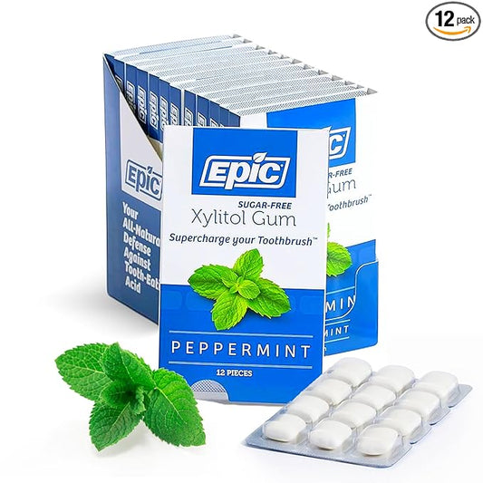 Epic 100% Xylitol Peppermint Chewing Gum - Sugar Free, Aspartame Free Dental Gum - Supports Oral Health & Fresh Breath - 12 Pieces (Pack of 12)