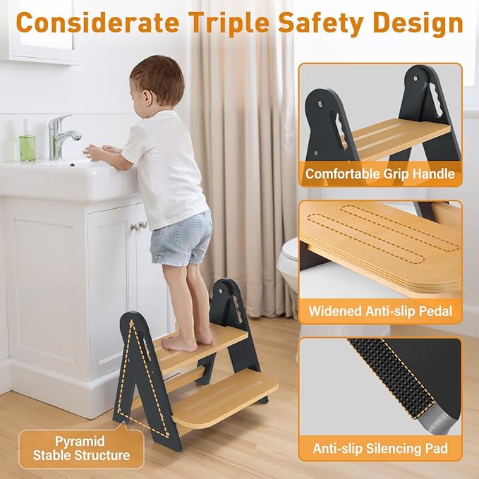 Toddler Step Stool, Wooden Height-Adjustable 2 Step Stool for Kids, 2 in 1 Potty Training Stool with Safety Handles Non-Slip Pads for Bathroom Sink, Kitchen, Bedroom (Grey, Foldable)