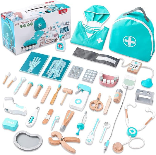UMU® Deluxe Doctor Kit for Kids, Pretend Toy 36 PCS Wooden Doctor Playset for Toddlers, Montessori Toys Dentist Kit for 3, 4 and 5 Year Old Boys and Girls