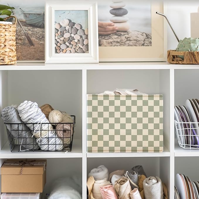 Sage Green Checkered Storage Basket Organizer Bins With Handles,Rectangular Organizing Decorative Storage Basket for Kids,Cute Aesthetic Checkered Room Decor for Bedroom Bathroom Classroom