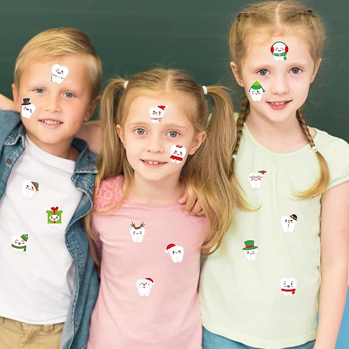 CJiangpo 1000Pcs Christmas Tooth Stickers - 2 Rolls Cute Xmas Dental Teeth Fairy Sticker Decals for Laptop Water Bottle Scrapbook DIY Crafts, Christmas Party Decoration Gift for Kids Dentist Schools