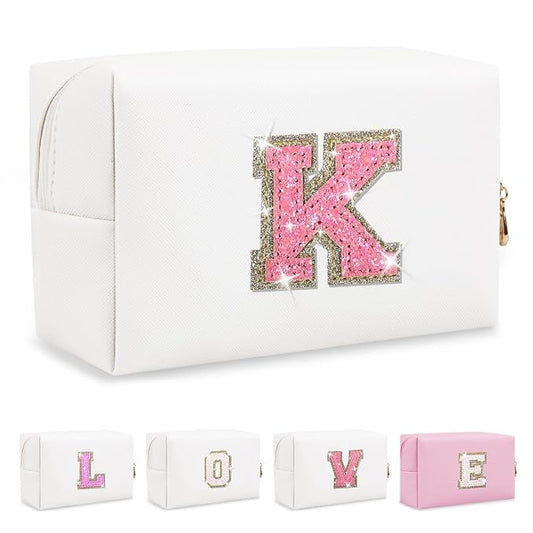 Small Initial Patch Makeup Bag Personalized Gifts Make Up Bag,White Cute PU Leather Glitter Letter Cosmetic Bag with Zipper,Trendy Portable Travel Toiletry Pouch,Preppy Stuff for Teen Girls Women K