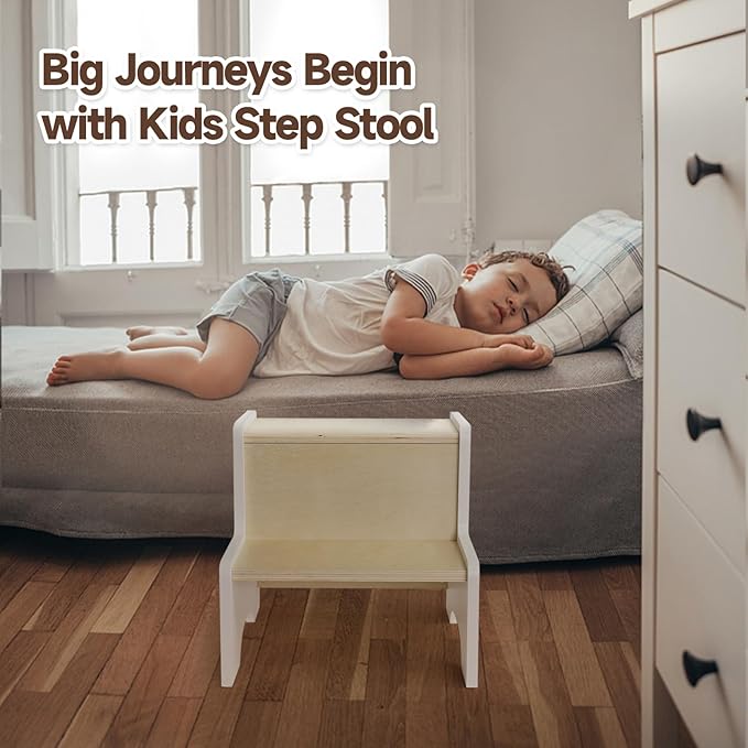WOOD CITY Kids Step Stool for Toddler, Wooden White-Natural Patchwork Two Step Children's Stools with Handles, Bonus Non-Slip Pads for Safety, Bathroom Potty Stool & Kitchen Step Stools Dual Height