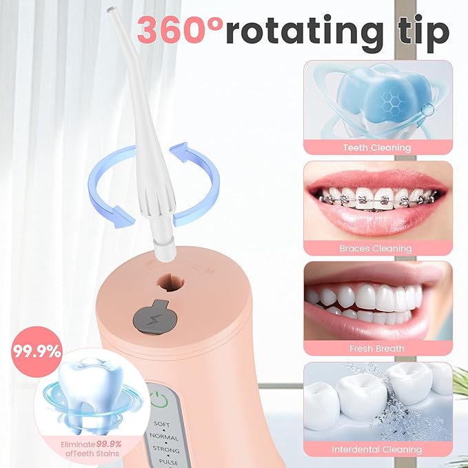 Cordless Water Flosser for Teeth Cleaning Pick - Electric Dental Irrigator with 4 Cleaning Modes & 8 Jet Tips, IPX7 Waterproof, Portable Rechargeable Design for Home & Travel Use, Pink