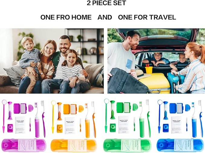Wenge Portable Orthodontic Oral Care Kit - 2Pack - Travel Kit for Patients, Interdental Brushing Wax Floss Toothbrush Cleaning(Purple & Blue)