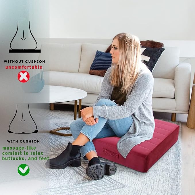 MeMoreCool Square Floor Pillow – 22"x22" Wine Meditation Cushion with 5" Thick Foam Plush Tufted Cover | Machine Washable | Yoga & Seating for Adults and Kids
