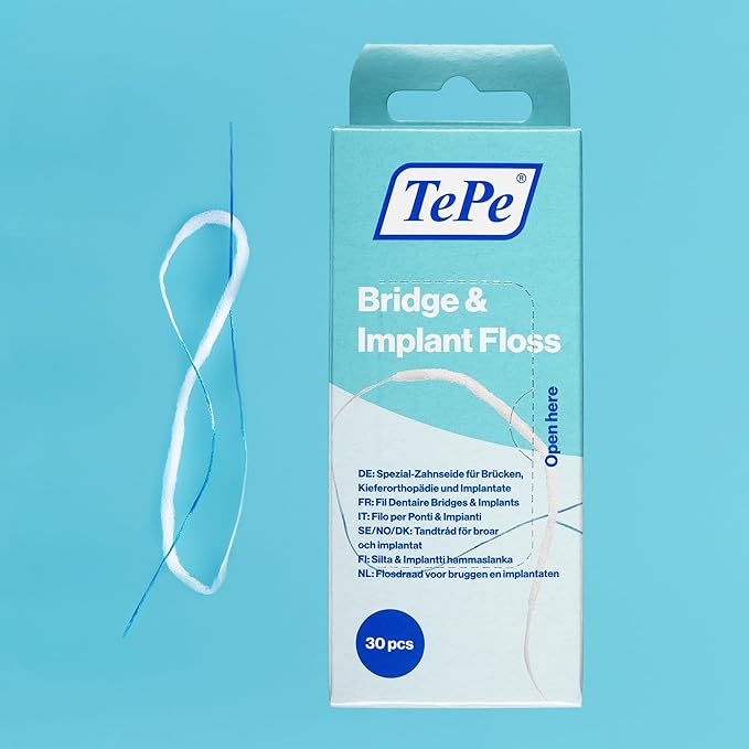 TePe Bridge and Implant Floss for Dental Implants, Bridges, and Braces, Dental Flossers, 30 Pieces