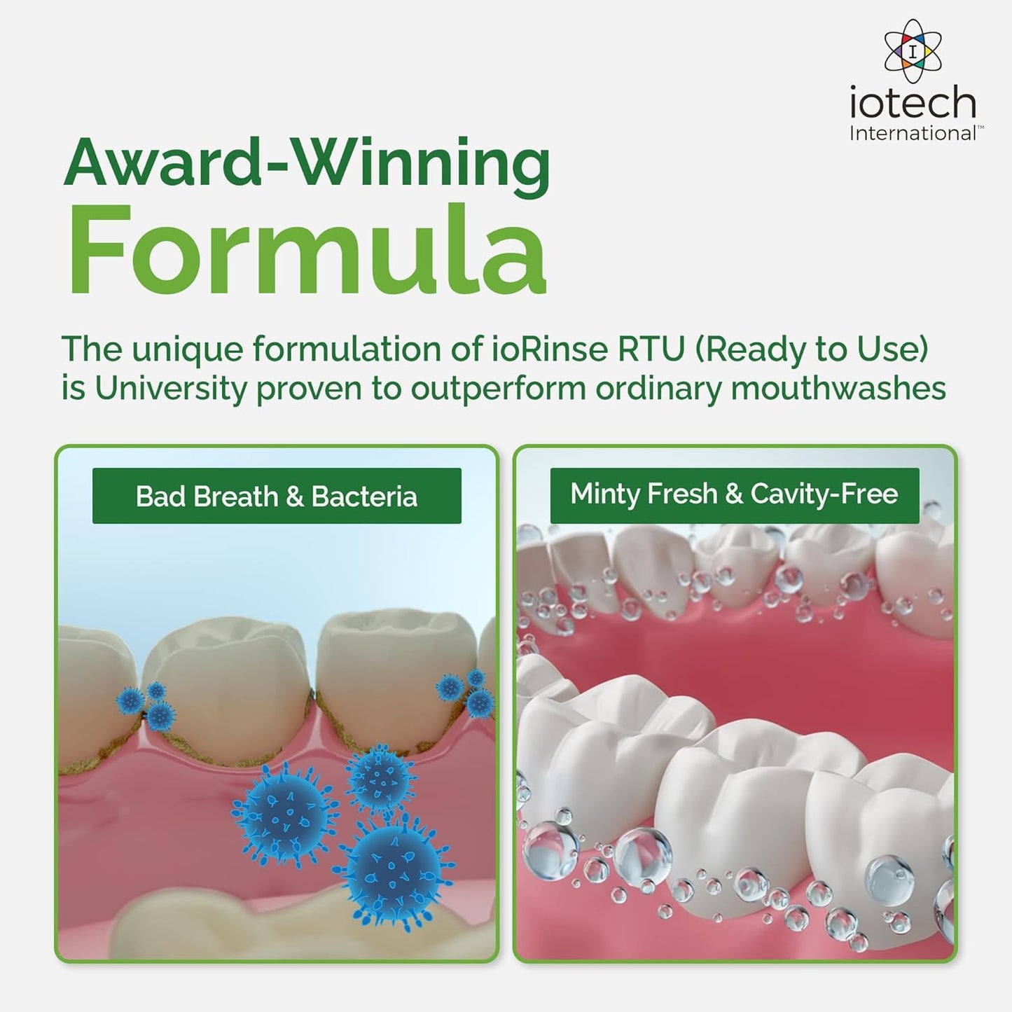 ioRinse Ready-to-Use (RTU) Mouthwash for Fresher Breath, Halitosis Relief, Alcohol-Free, Fluoride-Free and a Professional Clean, Original ioRinse RTU Mouth Wash, Zero Alcohol - Green Apple Flavor, 1L