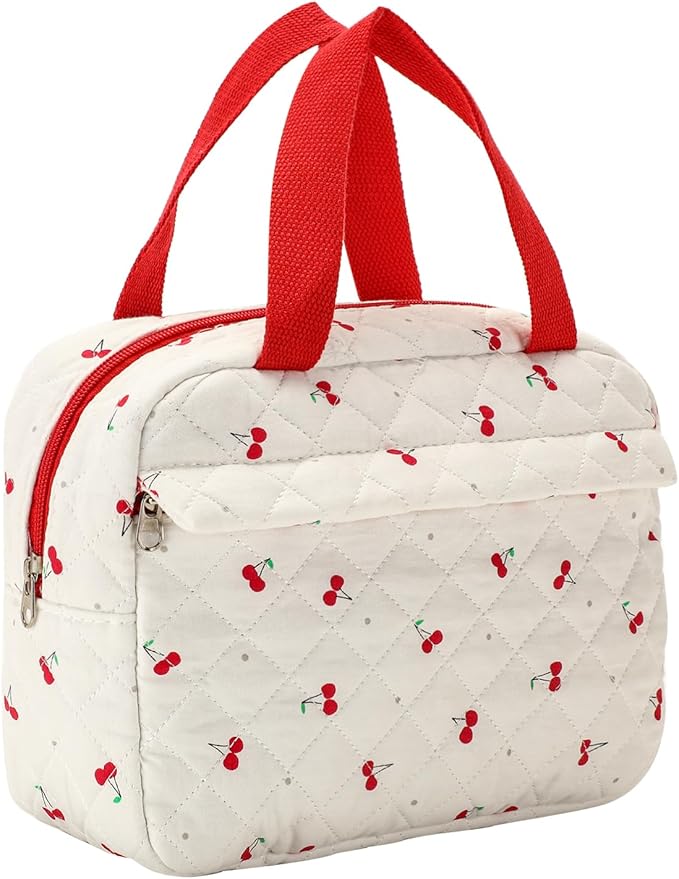 Large Size Quilted Coquette Makeup Bag, Cute Preppy Floral Cotton Travel Cosmetic Organizer Bag with Top Handle, Multi-Layer Travel Toiletry Pouch for Girls(02Cherry)