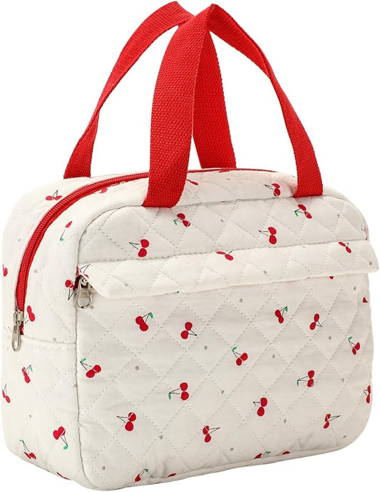 Large Size Quilted Coquette Makeup Bag, Cute Preppy Floral Cotton Travel Cosmetic Organizer Bag with Top Handle, Multi-Layer Travel Toiletry Pouch for Girls(02Cherry)