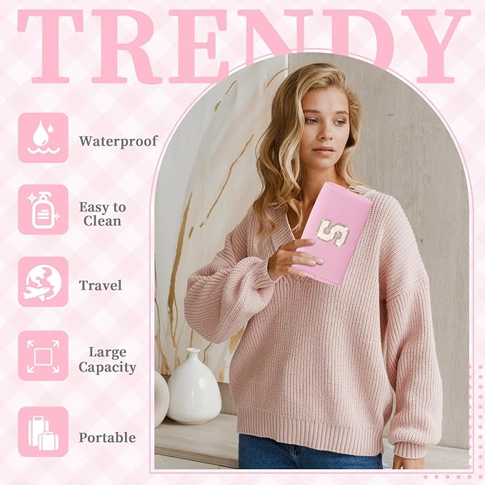 Small Personalized Initial A-Z Patch Makeup Bag,Pink Cute PU Leather Glitter Letter Cosmetic Bag for Teen Girls,Travel Toiletry Bag with Zipper,Preppy Monogrammed Birthday Gift for Daughter Niece S