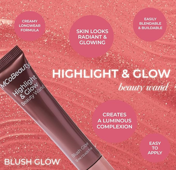 MCoBeauty - Highlight and Glow Beauty Wand - Buildable Liquid Highlighter - Radiant Pink Shade - Liquid Cream with Cushion Applicator for Soft, Radiant Finish - Highlighters Makeup