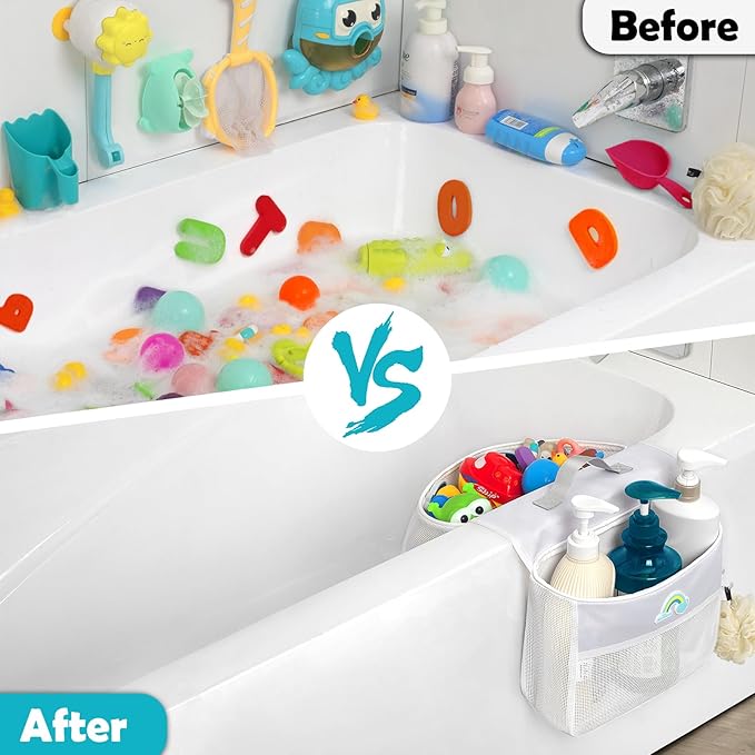 Saddle shape 2 Compartments Bath Toy Organizer, Easy Access for Children, Wide Opening Bath Toy Holder for Drying Toys and Storage, Mesh Shower Toy Holder and Bath Tub Toy Storage Organizer for Tub.