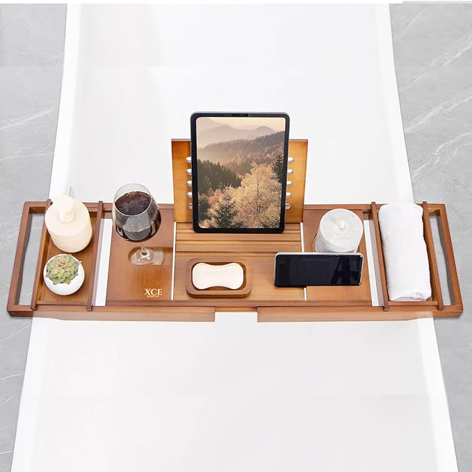 XcE Bamboo Bathtub Caddy Tray - Expandable to 41 Inches with Book Stand, Soap Holder & Anti-Slip Pads for Luxury Bath Spa, Brown