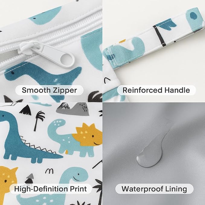 Waterproof Wet Dry Bag, Reusable Diaper Pouch with Zipper, Machine Washable Travel Organizer for Beach, Daycare, Kids, Dinosaur Pattern (White Dino)