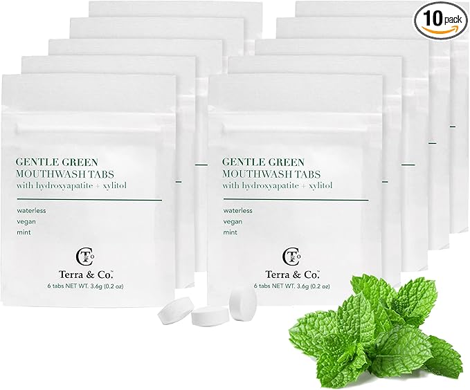 Terra & Co. Gentle Green Mouthwash Tablets – 10 Travel Sachets with 6 Fluoride-Free Tabs Each – Nano-Hydroxyapatite for Oral Health – TSA-Compliant, Plastic-Free, Mint Flavor, Eco-Friendly