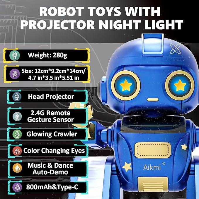 Aikmi Robot Toys for Kids 5-7, Rechargeable Remote Control Robot with Projector Night Light for Kids, Gesture Sensor, Music, Toys for 6 Year Old Boys Girls Birthday Present Boy Toy (Blue)
