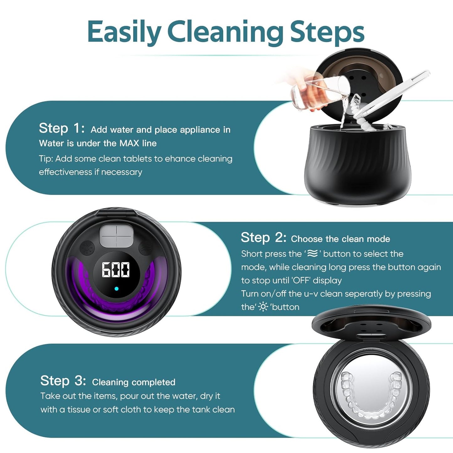 Ultrasonic Retainer Cleaner Machine- 45kHz Denture Cleaner, 200ML Dental Cleaning Pod for Aligners, Mouth Night Guards, Toothbrush Heads & Jewelry, 4 Cleaning Modes, Digital Timer, Black