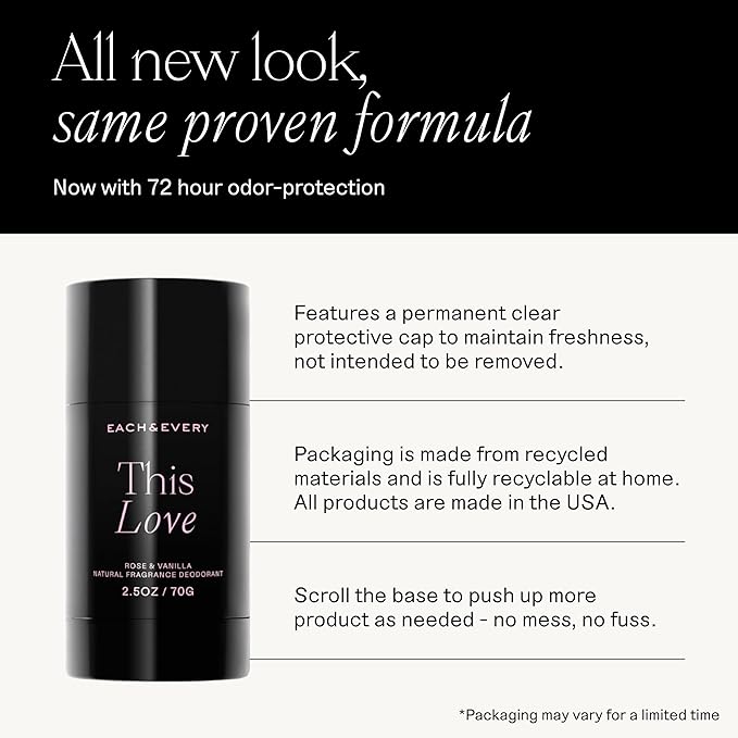 Each & Every Aluminum Free Deodorant for Women & Men - All Natural Deodorant for Sensitive Skin, EWG Verified - Clean, Baking Soda-Free, Plant-Based Fragrance, Rose & Vanilla, 2.5oz