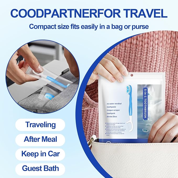 5 in 1 Mini Brushes Disposable Toothbrushes with Toothpaste + Tongue Scraper + Picks+Floss Travel Case Individually Wrapped Soft Travel Toothbursh Portable (Peppermint, 10)
