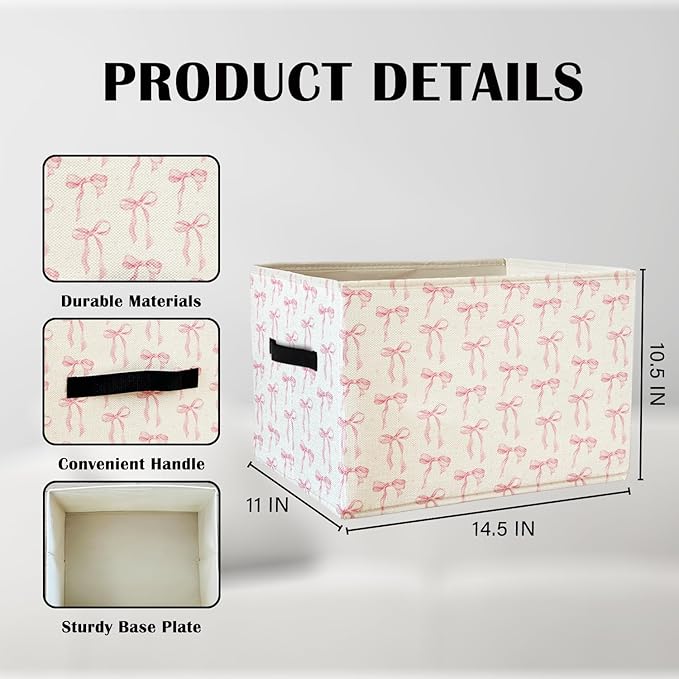 Coquette Pink Bow Storage Basket Bins With Handles for Girls Kids, Pink Bow Decor Foldable Organizer Basket Toybox for Girls Room Nursery Bedroom Bathroom Clothes Toys Books