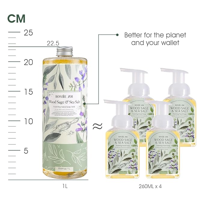 ROMIIE ZOI Foaming Hand Soap Refill Gift Set – Wood Sage & Sea Salt Scent – 3 Pack (1000ML Each) with Dispenser, Gentle & Moisturizing Plant-Based Formula – Bulk Refill Bottles for Bathroom & Kitchen
