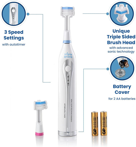 Triple Bristle GO 3 Sided Sonic Toothbrush - Soft Nylon Bristles, Autism & Special Needs Toothbrush for Kids & Adults, Travel Friendly