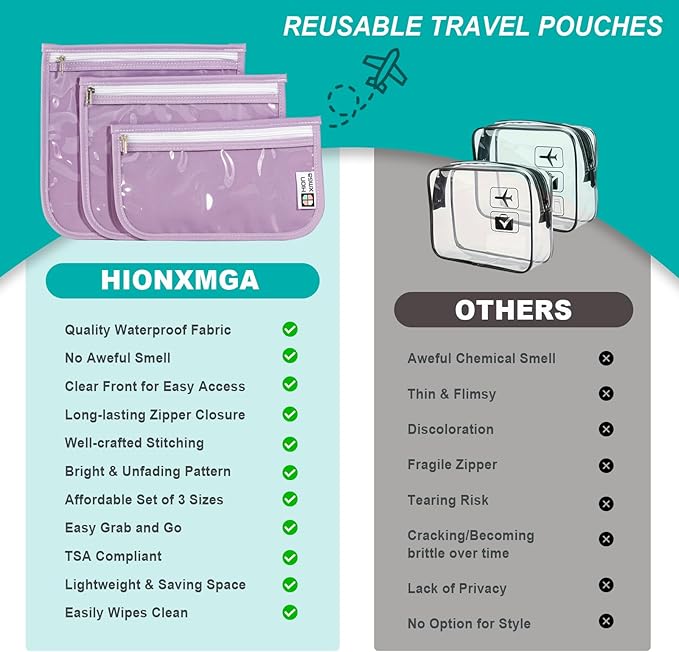 TSA Approved Toiletry Bag, Set of 3 Clear Travel Toiletry Bag Quart Size Zipper Travel Pouch, Waterproof Makeup Cosmetic Bag for Women Men Kids Toiletries Carry on, PurpleX