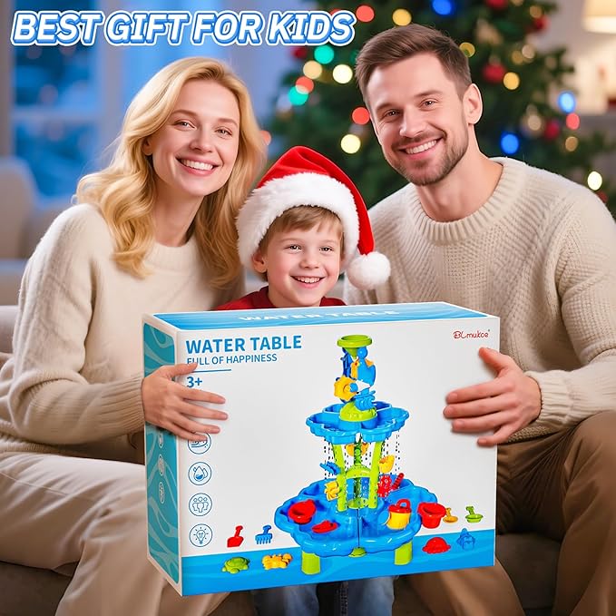 Water Table for Toddlers 1-3 & Kids 3-5 Outdoor Splash Pond & Sand Play Set with 3-Tier Water Table Rain Showers & Sensory Playset Activities – Summer Toys Birthday Gift for 3 4 5 6+ Years Old