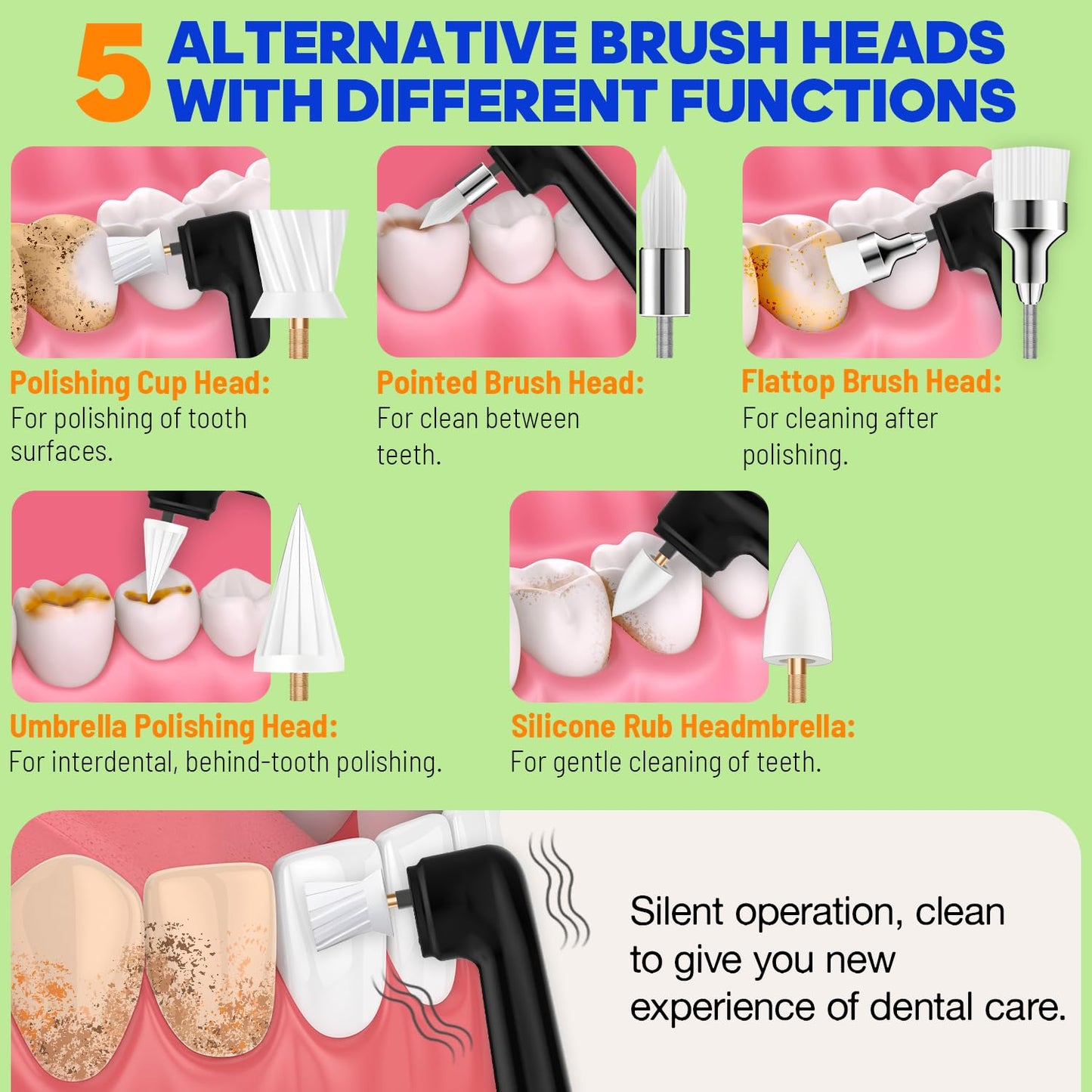 Tooth Polisher, RRZIOM Rechargeable Teeth Polisher for Teeth Whitening and Cleaning Kit, Waterproof Tooth Polish Dental Tools with LED Light, 5 Brush Heads, 5 Speed Modes, Tooth Polishing Kit