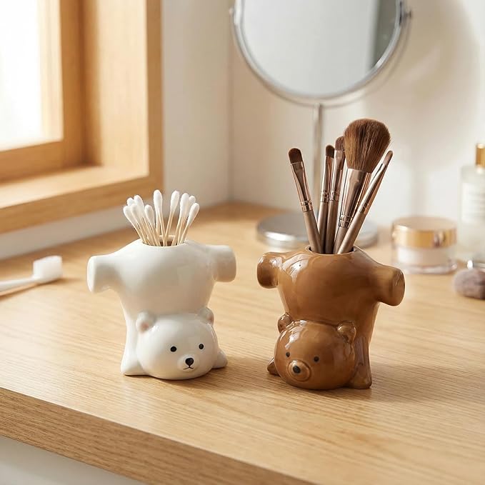 2 Pack Ceramic Toothbrush Holders, Cute Animal Tooth Brush Holder Bathroom Accessories Organizer Multipurpose Storage Organizer Vanity Countertops Cotton Swabs Holder