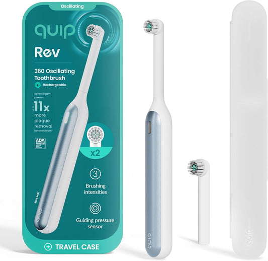 Quip 360 Oscillating Rechargeable Electric Toothbrush with Extra Brush Head - Soft Bristles, Pressure Sensor, 3 Intensities, 30-Day Battery Life, 2-Min Timer, Travel Case, Mirror Mount - Blue Mist