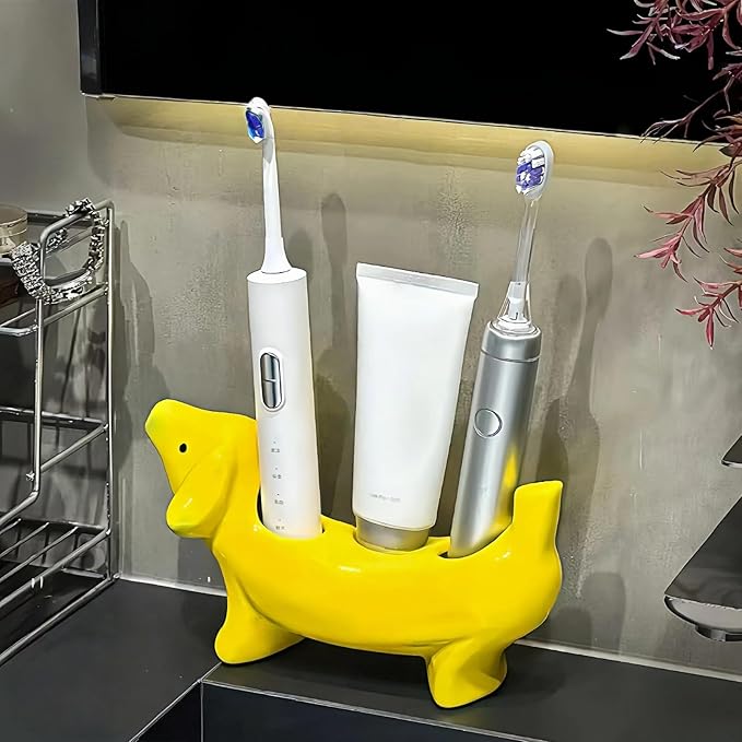 Creative Banana Dog Toothbrush Holder, Ceramic Bathroom Organizer with Toothbrush Stand, Whimsical Countertop Accessories for Bathroom, Novelty Home Decor