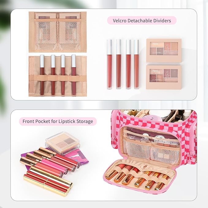 Large Checkered Makeup Bag, Travel Makeup Bag Organizer for Women Girls with Makeup Brush Compartment & Two Side Pockets, Cosmetic Travel Bag Vertical Storage Toiletry Bag- Hotpink