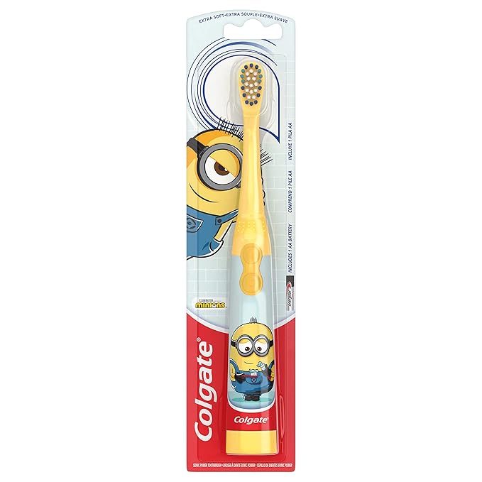 Colgate Kids Battery Powered Toothbrush with Included AA Battery, Extra Soft Bristles, Flat-Laying Handle to Prevent Rolling, Minion, 1 Pack