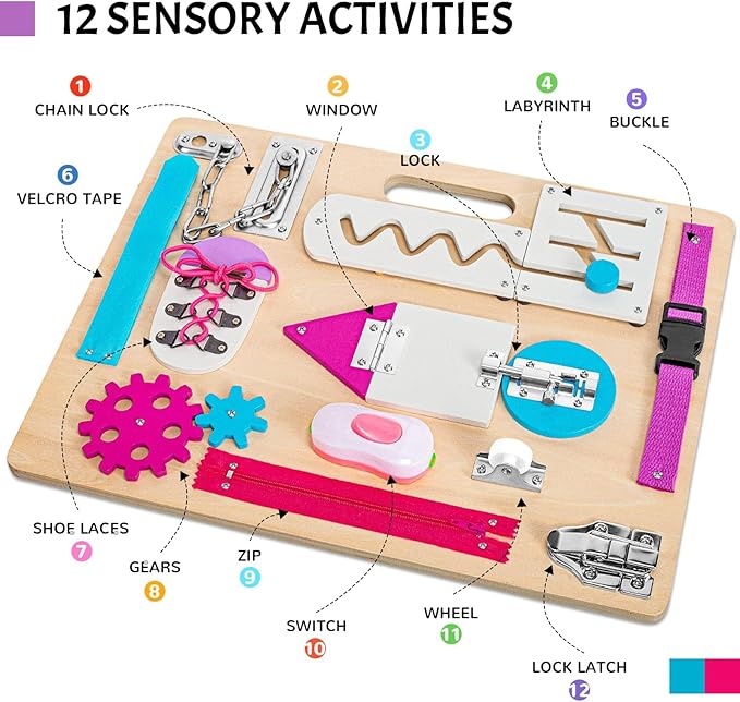 Montessori Busy Board for Toddlers, Wooden Sensory Toys, Kids 1-3 Travel Toy, Preschool Learning Activities for Fine Motor Skills, Basic Life Skills Educational Gifts for 1 2 3 Years Old Girls (Pink)