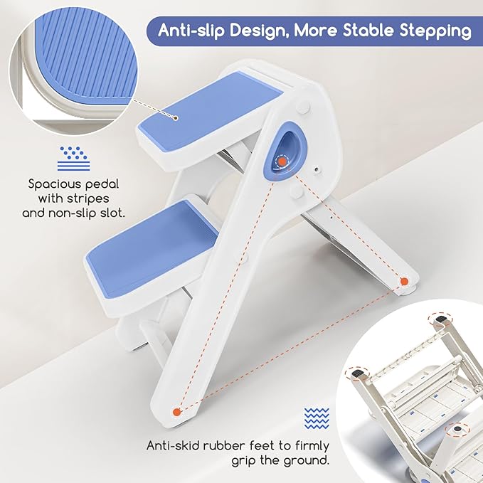 Foldable Toddler Step Stool for Bathroom Sink - 2-Step Kids Stool for Potty Training, Kitchen Counter & Bedroom, Sturdy Non-Slip Child Safety Stool Helper