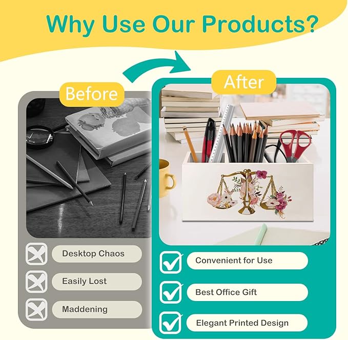 Lawyer Attorney Gifts for Women Pen Pencil Holder for Desk, Lawyer Graduation Gifts, Floral Scales of Justice Wooden Box Decorative Sign for Home Office Desk Tabletop Decor