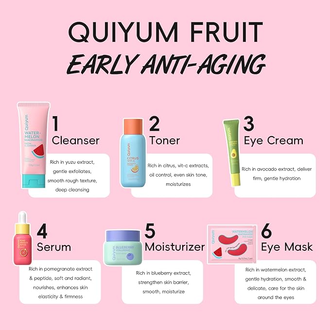 Early Anti-Aging Skincare Set, for Light Mature Skin, 6-Piece Natural Fruit Kit with Peptide, Vitamin C & Ceramide - Reduces Fine Lines & Dull Skin, Birthday Gifts for Women 20 21 22 23 24 25